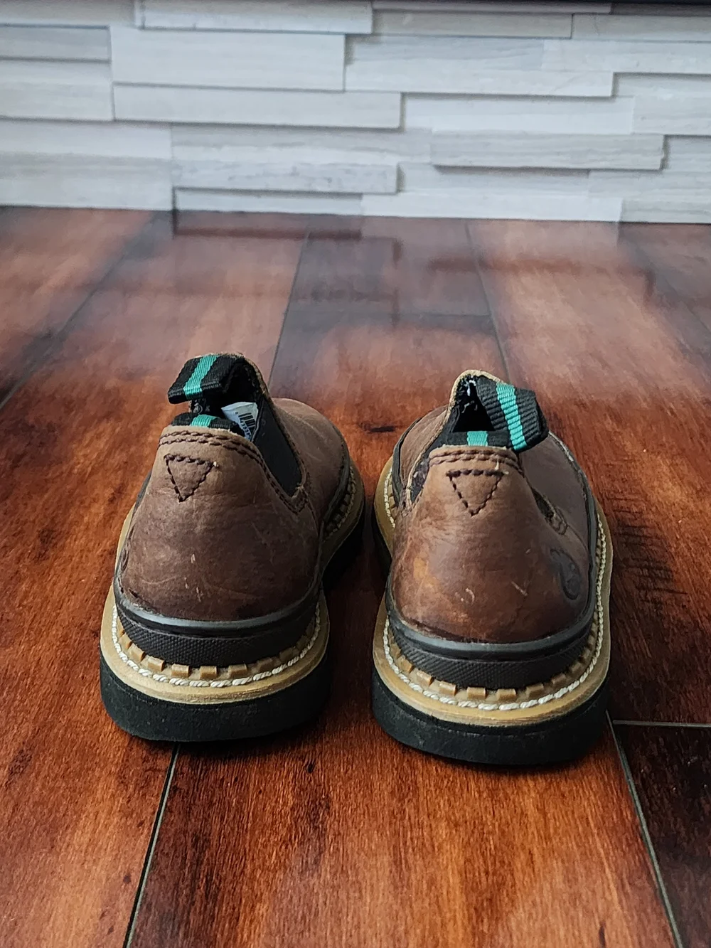 Georgia Boot Kids Brown Leather Slip-On Work Boots with Green Accents